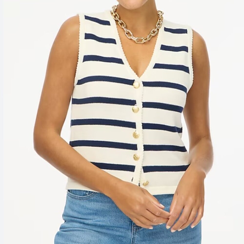 J. Crew Ivory/Navy Striped button sweater-vest Size: Large